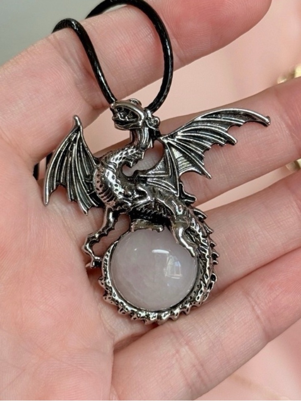 Gothic Dragon Pendant Necklace Green Pink Accent Silver Tone Black Cord (N22)